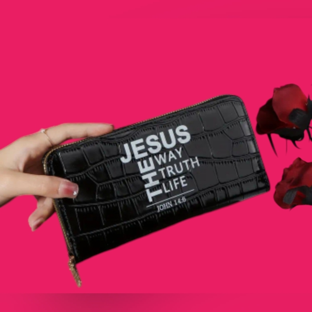Black Leather Wallet NWOT with inspirational writing - Picture 1 of 4